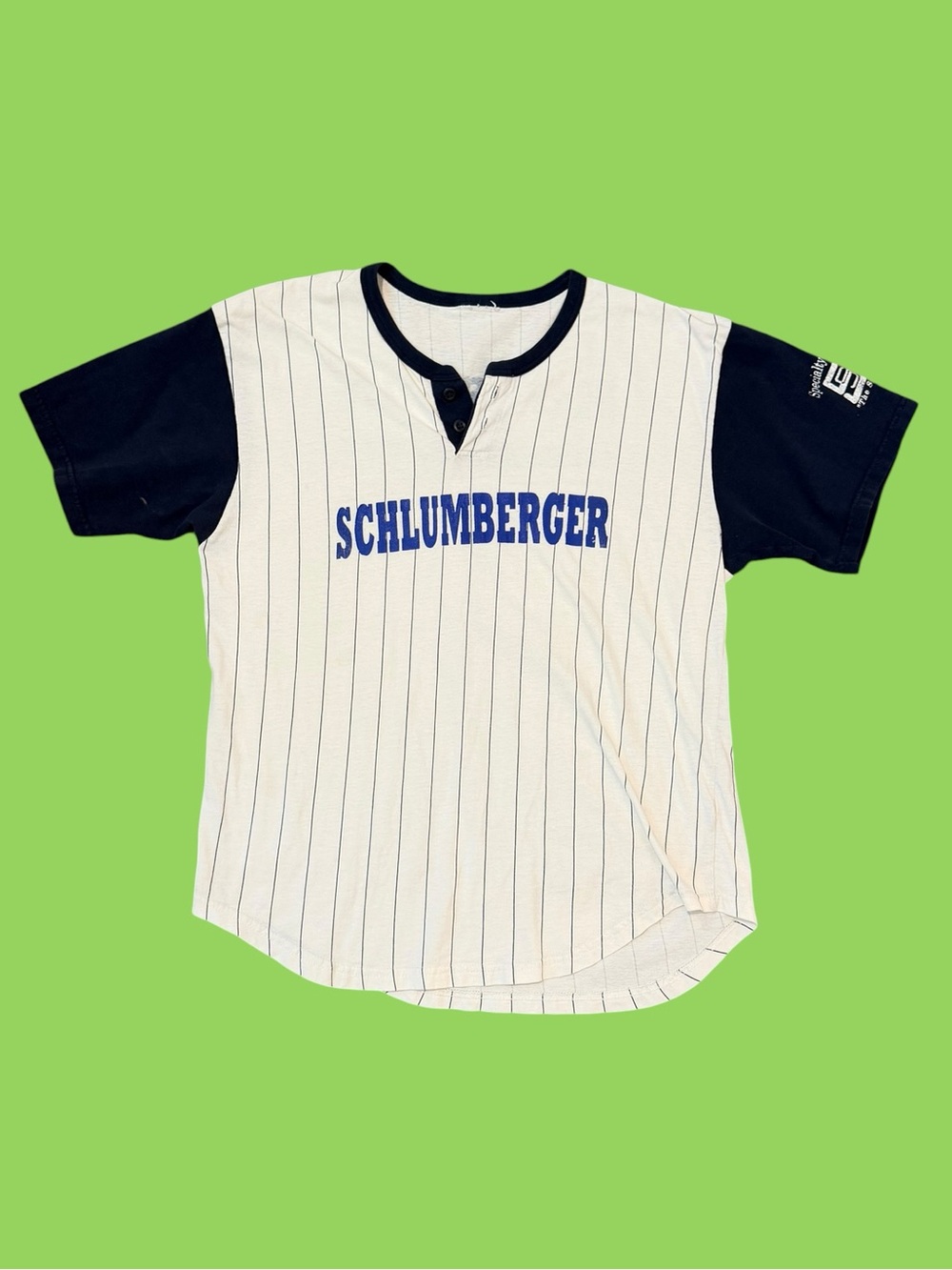 Vintage Schlumberger Houston Texas Offshore Drilling Pinstriped Baseball Tee L